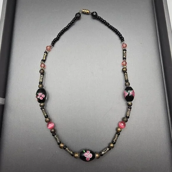 VTG Hand-Blown Lampwork Glass Bead Necklace 16" Floral Motifs Mixed Media - Picture 12 of 12